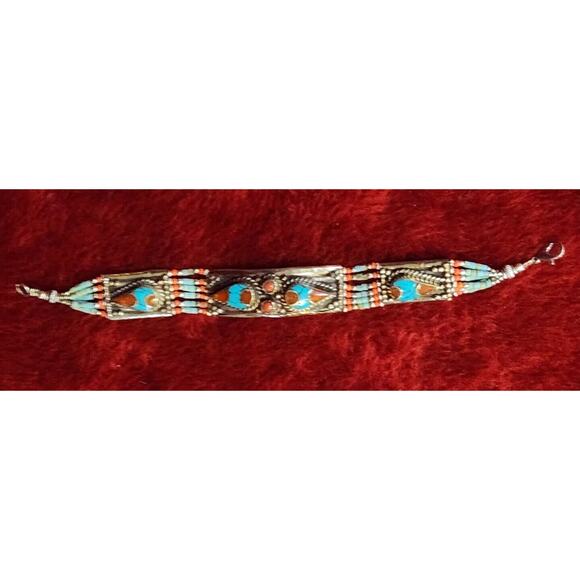 Sterling Silver .925 Coral, Turquoise Bracelet Balinese Made - Picture 2 of 10